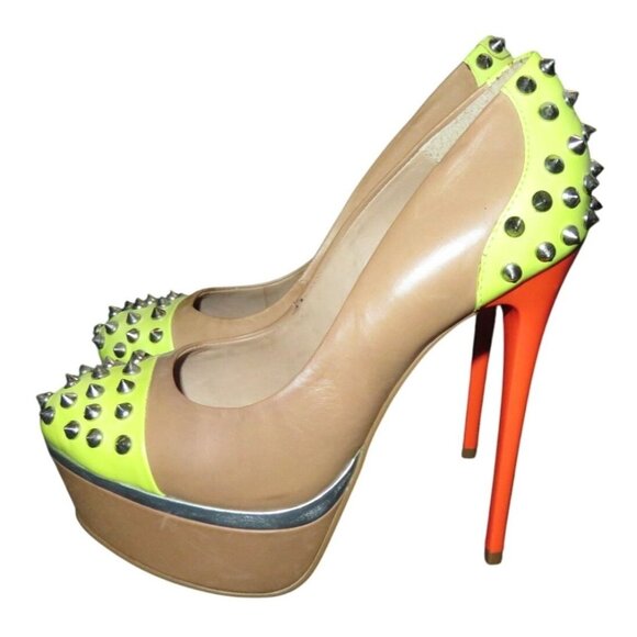 KURT GEIGER Esme Brazilian Leather Neon Spiked Platform Stilettos 37 or 7 - Picture 1 of 12